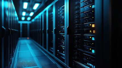 Modern Data Center Server Room Technology Infrastructure Blue Light