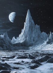 Wall Mural - Night scene of a majestic, snow-capped mountain range under a half-moon and starry sky.
