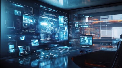 Futuristic Tech Room: Cybersecurity and Data Visualization