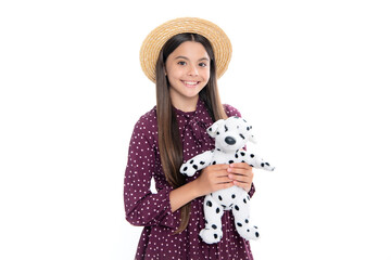 Wall Mural - Teenager girl 12, 13, 14 year old hold soft toy for birthday on white background. Kid with her toys. Portrait of happy smiling teenage child girl.