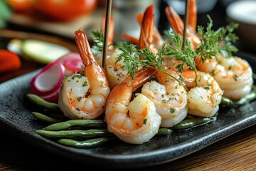 Wall Mural - Grilled Shrimp Appetizer with Green Beans and Radishes