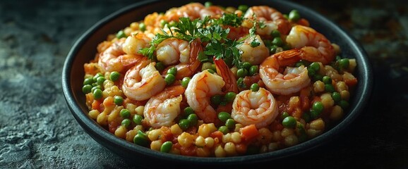 Wall Mural - Shrimp and Pea Pasta Dish in Dark Bowl