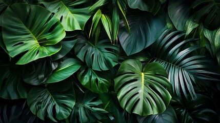 Canvas Print - Lush tropical foliage featuring vibrant green Monstera and palm leaves dense background