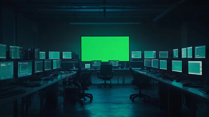 Dark Room Filled With Computers and Green Screen