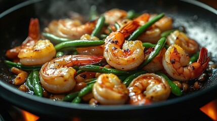 Wall Mural - Shrimp and Green Bean Stir Fry in a Black Pan