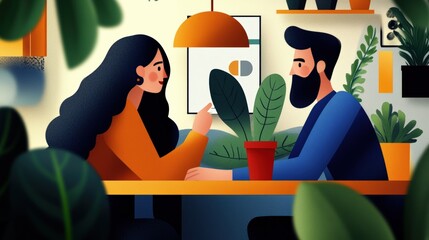 Wall Mural - Two young professionals discussing a project on a shared screen in a brightly lit coworking space, surrounded by greenery