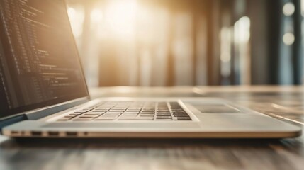 Modern laptop on a wooden desk in a bright workspace with soft sunlight filtering through