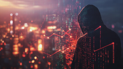  Abstract business man stands on Smart digital Innovation city with connection network reciprocity over the twilight cityscape. of future wireless digital city and social media networking systems
