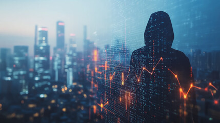  Abstract business man stands on Smart digital Innovation city with connection network reciprocity over the twilight cityscape. of future wireless digital city and social media networking systems