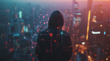  Abstract business man stands on Smart digital Innovation city with connection network reciprocity over the twilight cityscape. of future wireless digital city and social media networking systems