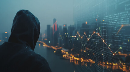  Abstract business man stands on Smart digital Innovation city with connection network reciprocity over the twilight cityscape. of future wireless digital city and social media networking systems