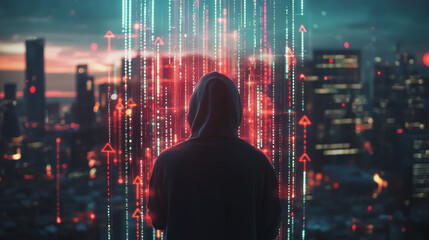  Abstract business man stands on Smart digital Innovation city with connection network reciprocity over the twilight cityscape. of future wireless digital city and social media networking systems