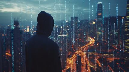  Abstract business man stands on Smart digital Innovation city with connection network reciprocity over the twilight cityscape. of future wireless digital city and social media networking systems