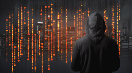  Abstract business man stands on Smart digital Innovation city with connection network reciprocity over the twilight cityscape. of future wireless digital city and social media networking systems