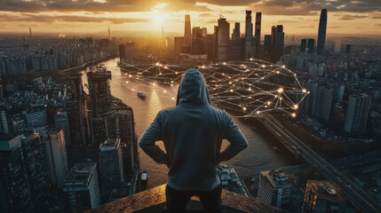  Abstract business man stands on Smart digital Innovation city with connection network reciprocity over the twilight cityscape. of future wireless digital city and social media networking systems