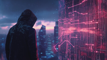  Abstract business man stands on Smart digital Innovation city with connection network reciprocity over the twilight cityscape. of future wireless digital city and social media networking systems