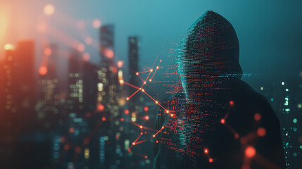  Abstract business man stands on Smart digital Innovation city with connection network reciprocity over the twilight cityscape. of future wireless digital city and social media networking systems