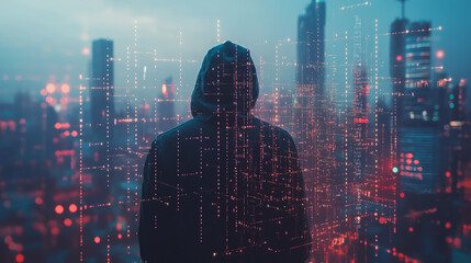  Abstract business man stands on Smart digital Innovation city with connection network reciprocity over the twilight cityscape. of future wireless digital city and social media networking systems