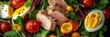 © KenPix - Gourmet steak salad, medium-rare beef slices, colorful cherry tomatoes, halved boiled eggs, fresh green lettuce, black cast iron skillet, rustic wooden table, overhead view, vibrant food photography,