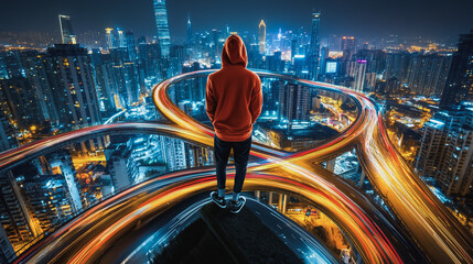  Abstract business man stands on Smart digital Innovation city with connection network reciprocity over the twilight cityscape. of future wireless digital city and social media networking systems