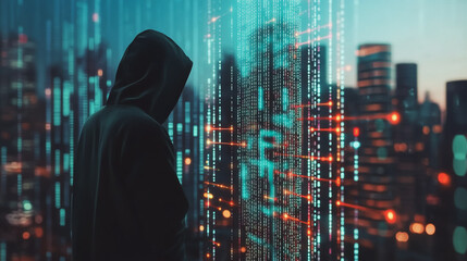  Abstract business man stands on Smart digital Innovation city with connection network reciprocity over the twilight cityscape. of future wireless digital city and social media networking systems