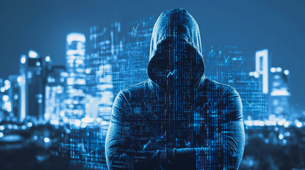  Abstract business man stands on Smart digital Innovation city with connection network reciprocity over the twilight cityscape. of future wireless digital city and social media networking systems