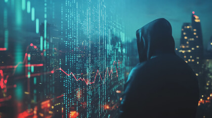  Abstract business man stands on Smart digital Innovation city with connection network reciprocity over the twilight cityscape. of future wireless digital city and social media networking systems