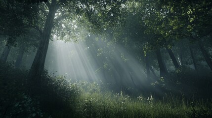 Wall Mural - Sunlight Filtering Through the Trees of a Dense Forest with a touch of fog