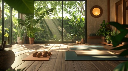 Wall Mural - Serene yoga studio with natural light and abundant greenery creates a peaceful space for mindful practices