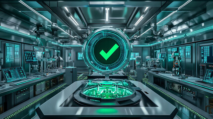 Futuristic Green Technology Laboratory with a Holographic Check Mark