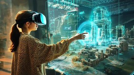 Woman using virtual reality headset to explore ancient ruins with holographic displays in background
