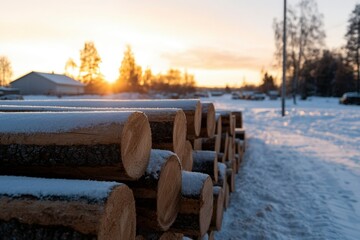 Wall Mural - Snow Covered Logs at Sunset Winter Scene