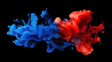 Abstract red and blue ink swirling in water on black background. (2)