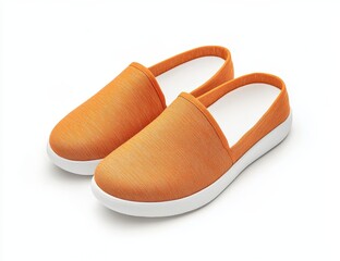 Wall Mural - Pair of orange slip-on casual shoes with white soles, isolated on white background. (1)