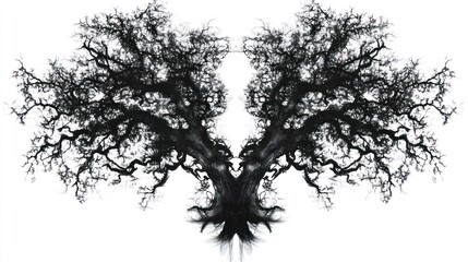  Symmetrical dark tree, roots, branches, white background, gothic art, fantasy illustration