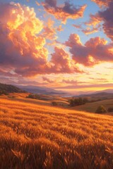 Wall Mural - Golden Wheat Field Sunset Over Rolling Hills