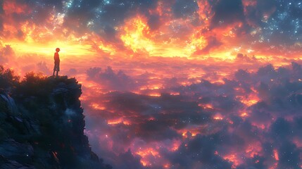 Wall Mural - Boy watches fiery sunset over cloud sea, digital art