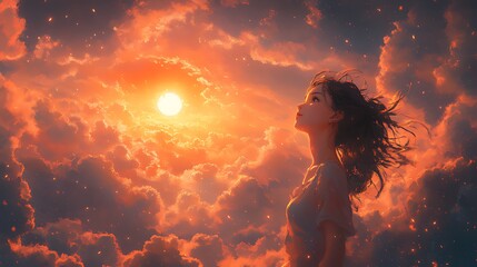 Wall Mural - Girl gazing sunset, fiery sky, hope, fantasy art