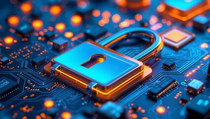 privacy protection banner with padlock on circuit board software web security concept