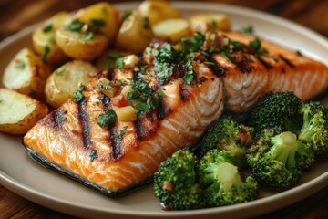 Wall Mural - Grilled Salmon with Roasted Potatoes and Broccoli