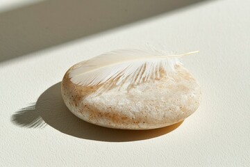 Wall Mural - White feather rests gently on a smooth light stone