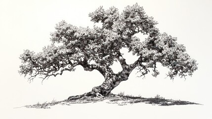 Pen-ink drawing of an ancient tree, isolated on white, nature illustration