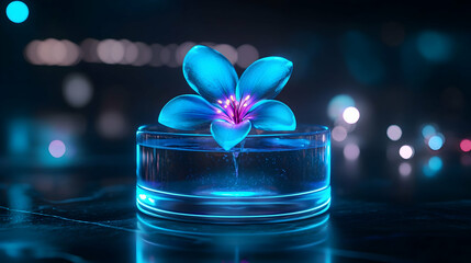 Glowing blue flower in glass bowl, dark background, science concept