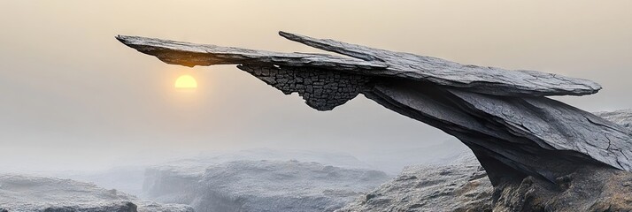 Wall Mural - Stunning Rocky Formation Illuminated by Sunrise Over a Serene Misty Landscape