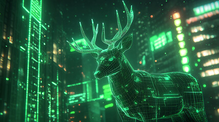 Wall Mural - Glowing Green Deer in Futuristic Cityscape