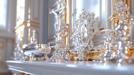 Silver & gold religious ornaments on mantelpiece, opulent room