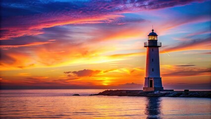 Wall Mural - A lone lighthouse stands tall against a warm golden sunset in the dusk sky with soft pink and orange hues fading into deep blues and purples , sunset, golden hour