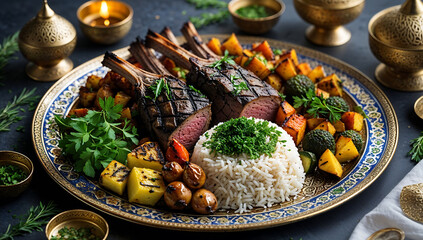 traditional Iftar platter featuring grilled meat, rice, and vegetables, beautifully arranged with herbs and spices, evokes sense of celebration and togetherness