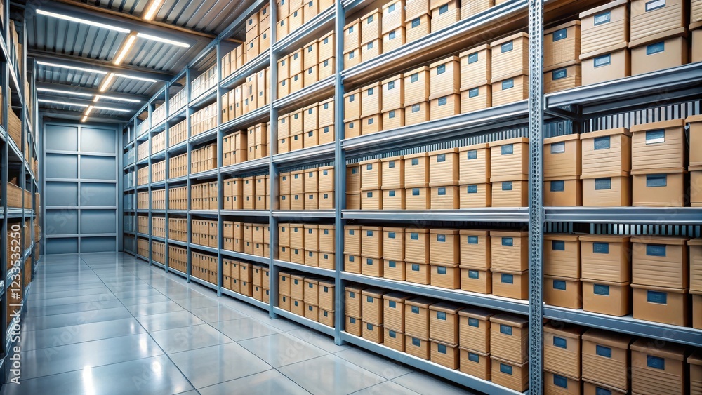 ภาพประกอบ Stock Organized storage unit with rows of labeled boxes on ...