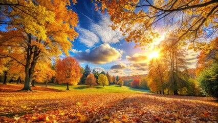 A vibrant autumn landscape with colorful leaves scattered on the ground, surrounded by tall trees with golden hues and a clear blue sky with fluffy white clouds , outdoor background, nature scenery